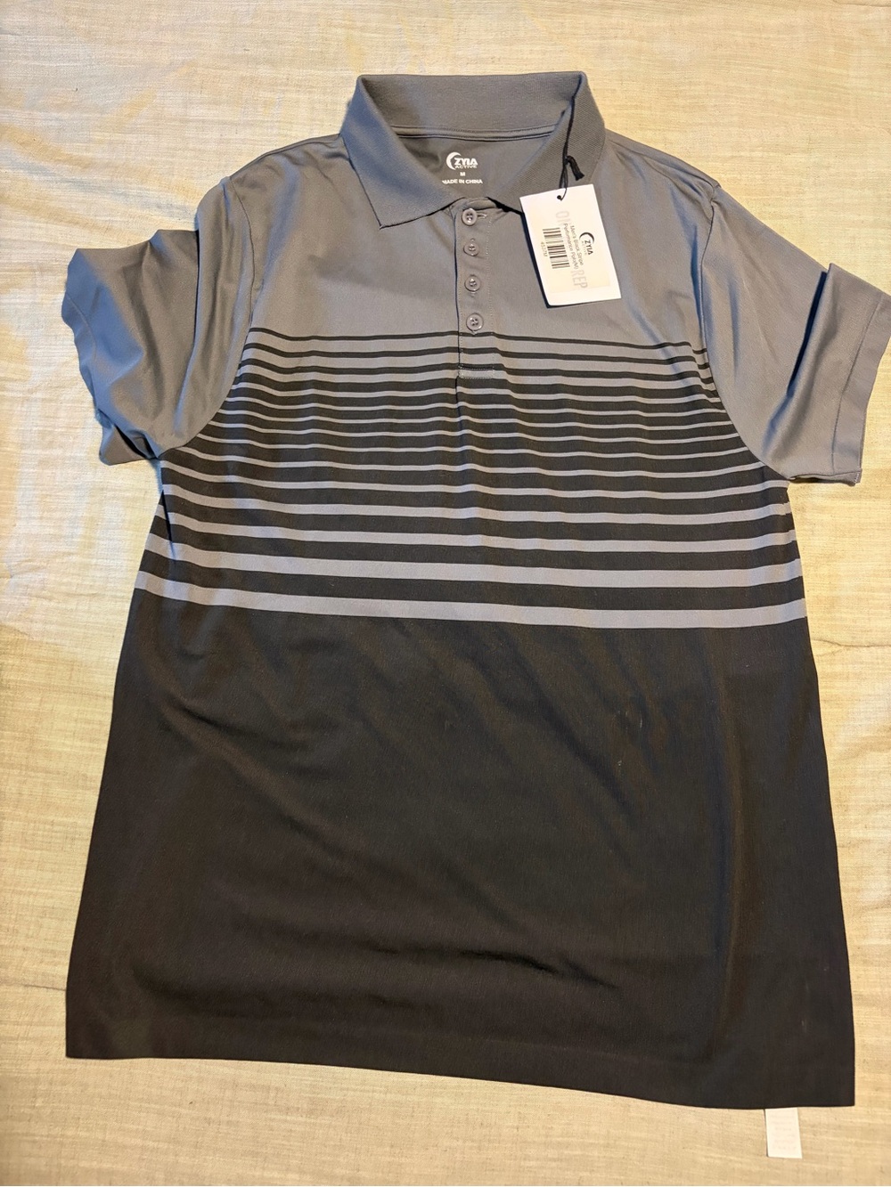 ZYIA Men's Grey and Black Striped Performance Polo